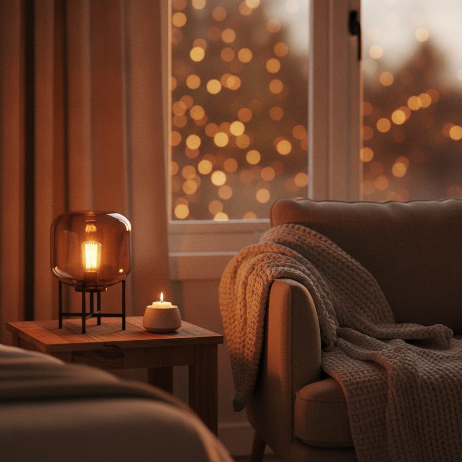 Warm cozy lighting in a softly lit room